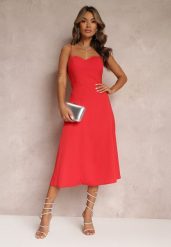Czerwona Rozkloszowana Sukienka Midi z Rozcięciem na Ramiączkach Josine. Czerwone sukienki damskie Renee, l, bez wzorów, eleganckie, bez kołnierzyka, bez ramiączek, midi, rozkloszowane. W wyprzedaży za 69.99 zł.