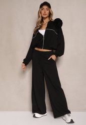 Czarny Komplet Dresowy z Wiskozą Spodnie o Szerokim Kroju i Bluza z Broszką Redaella. Czarne bluzy bez kaptura damskie Renee, z aplikacjami, z dresówki, casualowe. Za 179.99 zł.