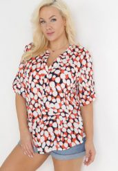 Pomarańczowo-Biała Bluzka z Trójkątnym Dekoltem w Fantazyjny Print Anola. Brązowe bluzki damskie Born2be, xl, bez wzorów, biznesowe, bez kołnierzyka, bez ramiączek. Za 79.99 zł.