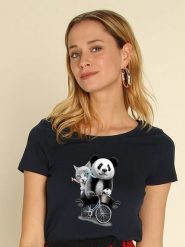 WOOOP Koszulka "Panda Bicycle" w kolorze granatowym rozmiar: M. Niebieskie bluzki damskie Wooop, m, bez wzorów, bez kołnierzyka, bez ramiączek. Za 61.60 zł.