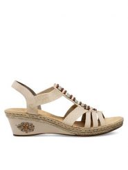 Rieker Sandały V2451-62 Beżowy. Brązowe sandały damskie Rieker, bez wzorów, z materiału, bez obcasa, na koturnie. Za 319.99 zł.