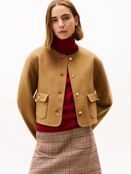 Tommy Hilfiger kurtka pudełkowa z zawartością wełny Kobiety brązowy, 38. Brązowe kurtki damskie Tommy Hilfiger, bez wzorów, z wełny, bez kaptura. Za 849.95 zł.
