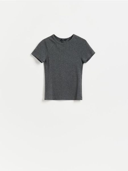 T-shirt z wiskozą - jasnoszary. Szare t-shirty damskie Reserved, l, bez wzorów, z bawełny, bez kołnierzyka. Za 49.99 zł.