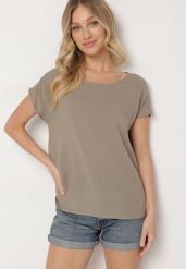 Ciemnobeżowa Bluzka z Wiskozy o Kroju Oversize Liruvia. Brązowe bluzki damskie Born2be, l, bez wzorów, z jeansu, bez kołnierzyka, bez ramiączek. Za 49.99 zł.
