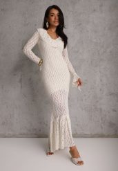 Beżowa Wieczorowa Sukienka z Koronki Zdobiona Falbanami Lunetra. Brązowe sukienki damskie Renee, na imprezę, l, z aplikacjami, z koronki, eleganckie, bez kołnierzyka, bez ramiączek, maxi. Za 199.99 zł.