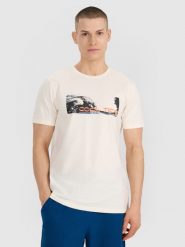 4F T-shirt regular z nadrukiem męski - biały M. Białe t-shirty męskie 4f, m, bez wzorów, z bawełny, bez kołnierzyka. Za 59.99 zł.