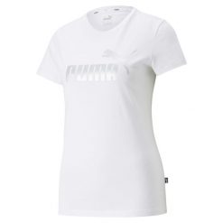 Damska koszulka z metalicznym logo Essentials+ PUMA White Silver Metallic. Białe bluzki damskie Puma, m, bez wzorów, bez kołnierzyka. Za 84.08 zł.