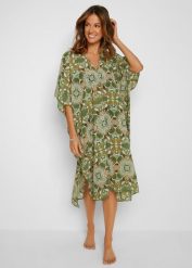 Sukienka plażowa oversize z lekkiego szyfonu. Zielone sukienki damskie bonprix, na plażę, bez wzorów, z szyfonu, bez kołnierzyka, bez ramiączek, maxi, oversize. Za 127.99 zł.