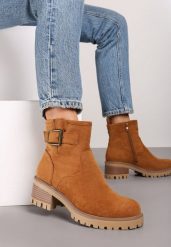 Brązowe Botki w Klasycznym Stylu z Minimalistycznym Paskiem Ardiama. Brązowe botki damskie Renee, z jeansu, casualowe, bez obcasa, na obcasie, bez zapięcia. Za 129.99 zł.