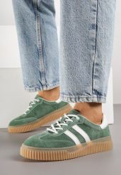 Zielone Skórzane Sneakersy Klasyczne Tenisówki z Zamszu Naturalnego Teniresela. Zielone trampki i tenisówki damskie Born2be, bez wzorów, z materiału. Za 209.99 zł.