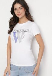 Biały T-shirt z Bawełny Ozdobiony Napisem i Cyrkoniami Raltebis. Białe t-shirty damskie Born2be, m, bez wzorów, z bawełny, bez kołnierzyka. Za 34.99 zł.