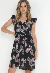 Czarna Rozkloszowana Sukienka z Wiskozy we Wzór Paisley Marinetta. Czarne sukienki damskie Born2be, na imprezę, l, z aplikacjami, z wiskozy, bez kołnierzyka, bez ramiączek, mini, rozkloszowane. W wyprzedaży za 63.99 zł.