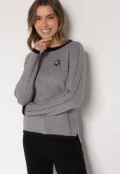 Szary Sweter Ozdobiony Paskami i Aplikacją Tusanne. Szare swetry klasyczne damskie Born2be, uniwersalny, z jeansu, bez kołnierzyka. Za 79.99 zł.