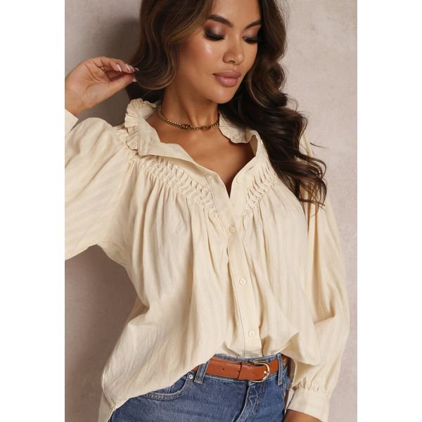 Beżowa Koszula Oversize z Bawełny Endona. Brązowe koszule damskie Renee, l, z aplikacjami, z bawełny, eleganckie, bez kołnierzyka, bez ramiączek. Za 89.99 zł.