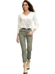 Heine Spodnie w kolorze khaki ze skóry syntetycznej rozmiar: 42. Brązowe spodnie materiałowe damskie Heine, bez wzorów, ze skóry. Za 95.92 zł.