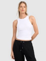 4F Top slim z prążkowanej dzianiny damski - biały S. Białe topy damskie 4f, l, bez wzorów, z dzianiny, bez kołnierzyka. Za 49.99 zł.