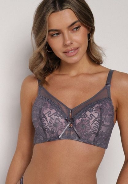 Szaro-Różowy Biustonosz z Koronką i Transparentną Wstawką Heliphine. Szare biustonosze Born2be, bez wzorów, z koronki. Za 49.99 zł.