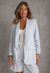 Niebieska Elegancka Marynarka bez Zapięcia z Marszczonymi Rękawami Albuca. Niebieskie marynarki i żakiety damskie Renee, l, bez wzorów, biznesowe. Za 179.99 zł.