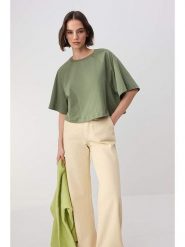 Trendyol Koszulka w kolorze khaki rozmiar: L/XL. Brązowe bluzki damskie Trendyol, l, bez wzorów, z bawełny, bez kołnierzyka, bez ramiączek. Za 39.99 zł.