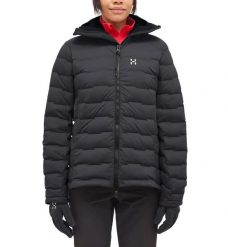 Kurtka Damska Turystyczna Puchowa Spitz Down Hood Women True Black. Czarne kurtki damskie Haglöfs, l, bez wzorów, z puchu, z kapturem. Za 599.00 zł.