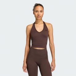 Koszulka Workout Essentials Knit Halterneck. Brązowe bluzki damskie Adidas, z dzianiny, bez kołnierzyka, bez ramiączek. Za 179.00 zł.