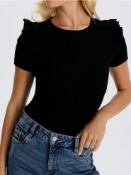 Koszulka z falbanami na rękawach - czarny. Czarne t-shirty damskie Sinsay, l, bez wzorów, z materiału, bez kołnierzyka. Za 17.99 zł.