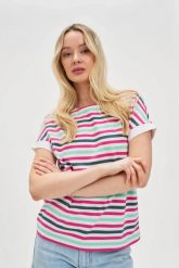 T-shirt w paski fuksjowy. T-shirty damskie MOODO, l, bez wzorów, z bawełny, bez kołnierzyka. Za 59.99 zł.
