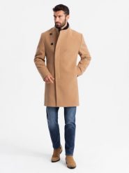 Męski płaszcz z asymetrycznym zapięciem i wysokim kołnierzem – jasnobrązowy V4 OM-COWC-0120 - XXL. Brązowe płaszcze męskie Ombre Clothing, l, z aplikacjami, z materiału, eleganckie. Za 311.99 zł.