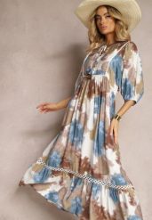 Ciemnobeżowa Sukienka w Stylu Boho z Krótkim Rękawem z Falbanką i Rękawem 3/4 Valendra. Białe sukienki damskie Renee, na co dzień, na lato, l, bez wzorów, boho, bez kołnierzyka, plus size, bez ramiączek, maxi. W wyprzedaży za 119.99 zł.