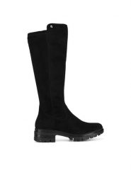 Rieker Kozaki 76890-00 Czarny. Czarne kozaki damskie Rieker, z materiału, bez obcasa, na słupku. Za 311.00 zł.