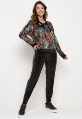 Czarno-Beżowy Welurowy Komplet Dresowy w Panterkę Bluza i Spodnie z Lampasami oraz Gumką w Pasie Ivalethe. Czarne bluzy bez kaptura damskie Born2be, z dresówki. Za 119.99 zł.