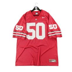 Second life - Nike męska koszulka sportowa NCAA Ohio State 50 - Jak nowy. Czerwone t-shirty sportowe męskie Nike, m, z materiału, bez ramiączek, do piłki nożnej. Za 149.06 zł.