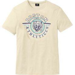 T-shirt ze specjalnym krojem na wys. brzucha bonprix waniliowy z nadrukiem. Żółte t-shirty męskie bonprix, m, bez wzorów, bez kołnierzyka. Za 24.99 zł.
