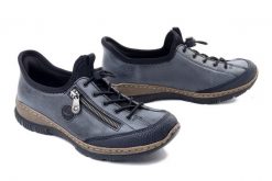 Rieker N3267-14 blue, półbuty damskie. Niebieskie półbuty damskie Rieker, bez wzorów, ze skóry ekologicznej, bez obcasa. Za 322.92 zł.