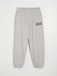 Dresowe spodnie jogger z haftowanym napisem USA - szary. Szare spodnie sportowe damskie Sinsay, l, z dresówki, na fitness i siłownię. Za 39.99 zł.