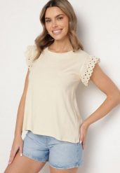 Beżowa Bluzka z Bawełny z Ażurowymi Falbankami Zamiast Rękawów Vodelia. Brązowe bluzki damskie Born2be, l, w ażurowe wzory, z bawełny, bez kołnierzyka, bez ramiączek. Za 39.99 zł.