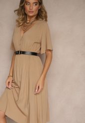 Ciemnobeżowa Rozkloszowana Sukienka z Bawełnianej Tkaniny Lirioneae. Brązowe sukienki damskie Renee, na co dzień, l, bez wzorów, z bawełny, eleganckie, bez kołnierzyka, bez ramiączek, midi, rozkloszowane. W wyprzedaży za 52.49 zł.