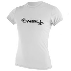 Koszulka do pływania damska O'Neill Basic Skins Sun Shirt. Białe bluzki damskie O'neill, l, bez wzorów, eleganckie, bez kołnierzyka, bez ramiączek. Za 92.99 zł.