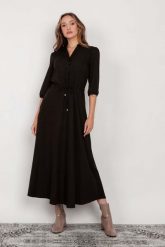 Długa Sukienka Odcinana w Pasie - Czarna. Czarne sukienki damskie Lanti, l, bez wzorów, z materiału, wizytowe, bez kołnierzyka, bez ramiączek, maxi. Za 349.90 zł.