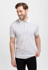 Koszulka polo w paski O-WILL. Białe koszulki polo męskie Volcano, na lato, bez wzorów, z bawełny, biznesowe. Za 99.99 zł.