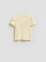 Prążkowany t-shirt z haftem - jasnożółty. Żółte koszulki dziewczęce Reserved, m, bez wzorów, z bawełny, bez ramiączek. Za 22.99 zł.