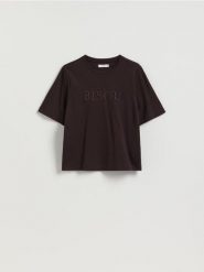 T-shirt regular z haftem - ciemnobrązowy. Brązowe t-shirty damskie Reserved, l, bez wzorów, z bawełny, bez kołnierzyka. Za 45.99 zł.