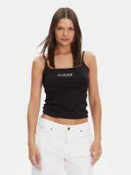 Guess Top V5GP22 J1314 Czarny Regular Fit. Czarne topy damskie Guess, xxs, z aplikacjami, z bawełny, bez kołnierzyka. Za 99.99 zł.