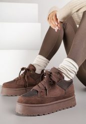 Brązowe Sneakersy Śniegowce na Platformie Velavine. Brązowe śniegowce damskie Renee, z jeansu. Za 109.99 zł.