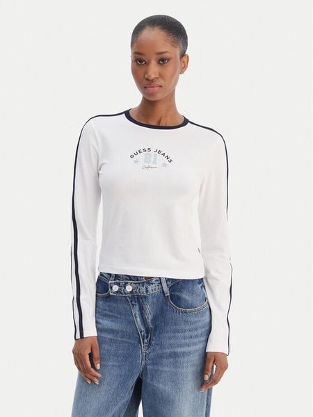 Guess Jeans Bluzka W6RI17 J1314 Biały Regular Fit. Białe bluzki damskie Guess Jeans, m, z aplikacjami, z bawełny, bez ramiączek. Za 189.99 zł.