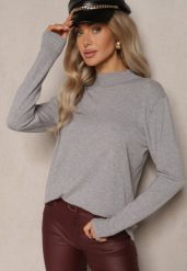 Szary Klasyczny Sweter ze Stójką Miridra. Szare golfy damskie Renee, z aplikacjami, z jeansu, bez ramiączek. Za 44.99 zł.