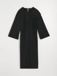 Elegancka sukienka midi z asymetrycznym szyfonowym detalem - czarny. Czarne sukienki damskie Sinsay, l, bez wzorów, z szyfonu, eleganckie, z asymetrycznym kołnierzem, bez ramiączek, midi, asymetryczne. Za 69.99 zł.