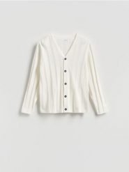 Strukturalny kardigan z dodatkiem lnu - biały. Białe kardigany męskie Reserved, l, bez wzorów, z bawełny, bez kołnierzyka. Za 149.99 zł.