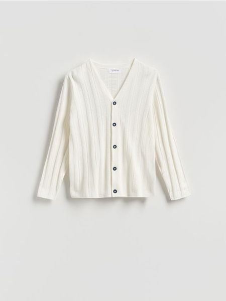 Strukturalny kardigan z dodatkiem lnu - biały. Białe kardigany męskie Reserved, l, bez wzorów, z bawełny, bez kołnierzyka. Za 149.99 zł.