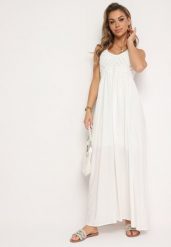 Biała Bawełniana Rozkloszowana Sukienka Wiązana na Szyi Nonnea. Białe sukienki damskie Born2be, na spotkanie biznesowe, l, bez wzorów, z bawełny, eleganckie, bez kołnierzyka, bez ramiączek, maxi, rozkloszowane. W wyprzedaży za 103.99 zł.